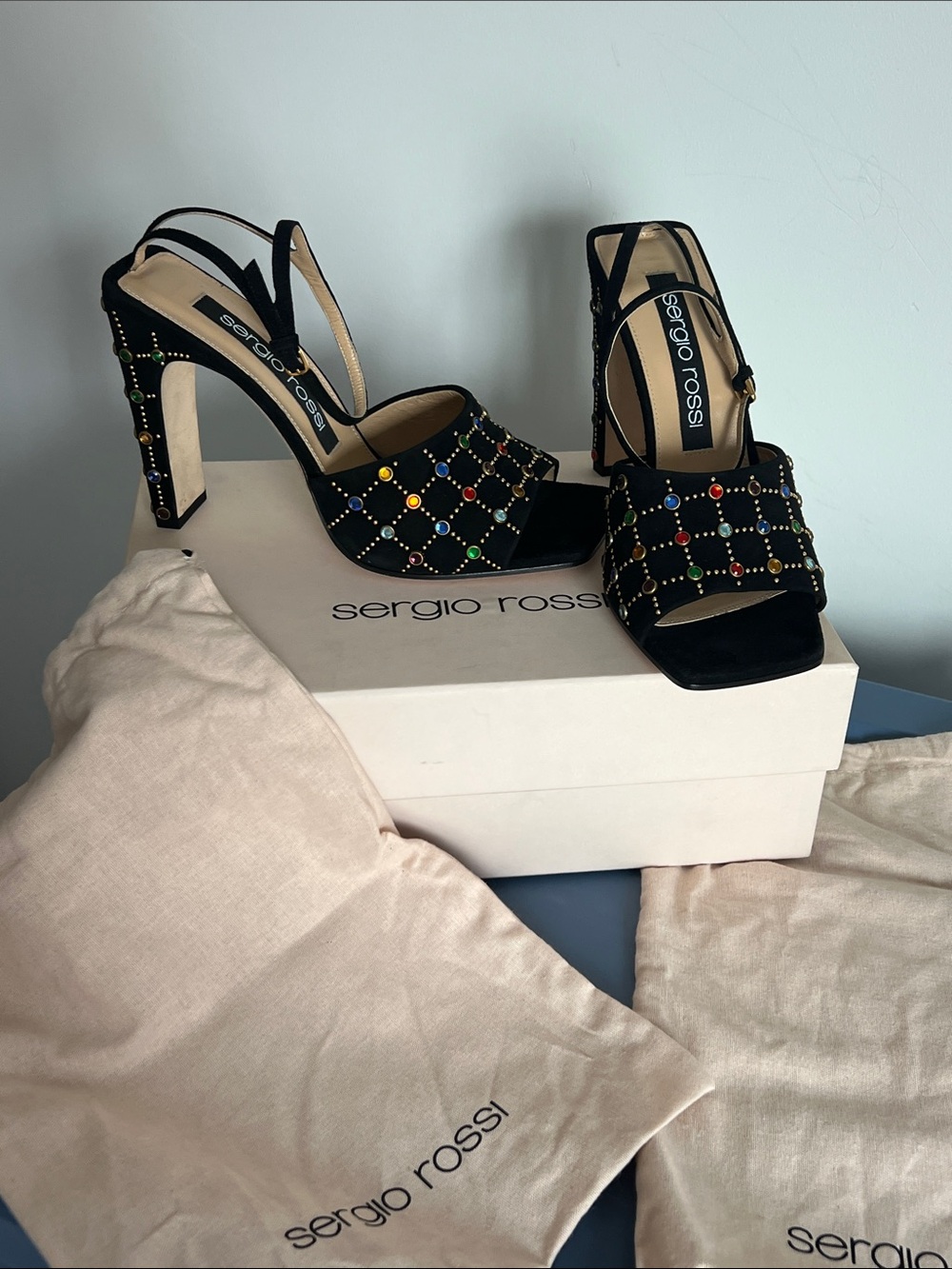 Sergio Rossi multicolor jeweled open toe black suede high heels sandals 41
